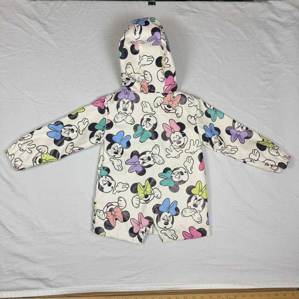 Disney Minnie Mouse Girls Hooded Rain Jacket Windbreaker White Pink Size 5/6